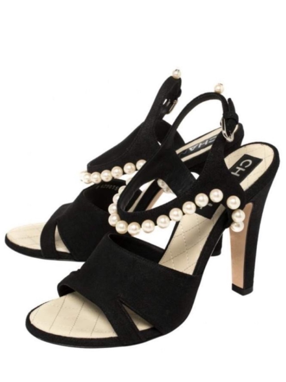 CHANEL Black Suede Faux Pearl Slingback Heeled CC 2014 Runway Sandals 37.5 - Picture 8 of 10